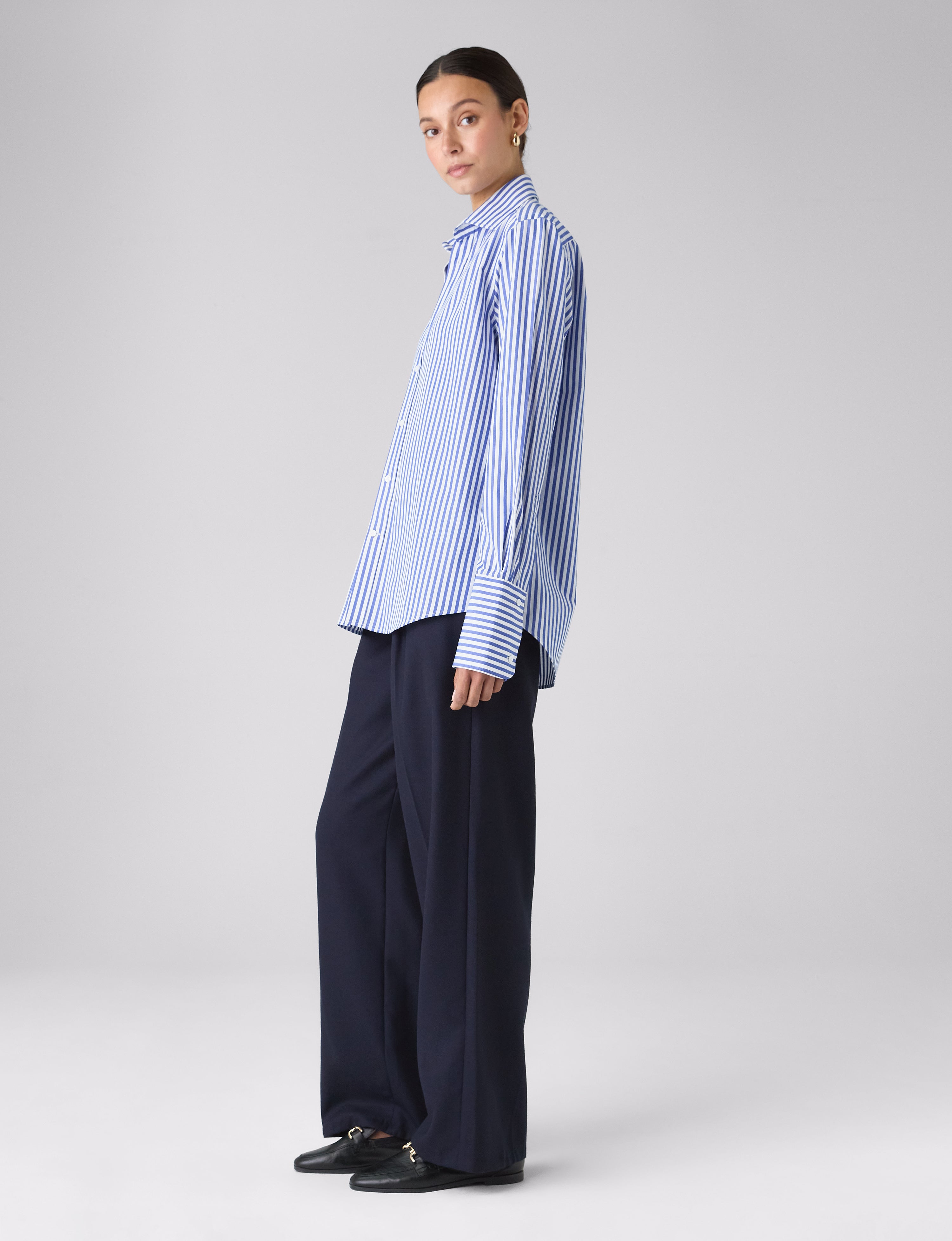 The Boyfriend Exaggerated Cuff: Fine Poplin, Royal Blue Stripe