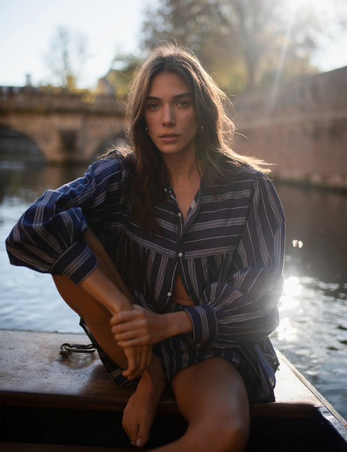 Daphne: Cotton Voile, Navy and White Stripe