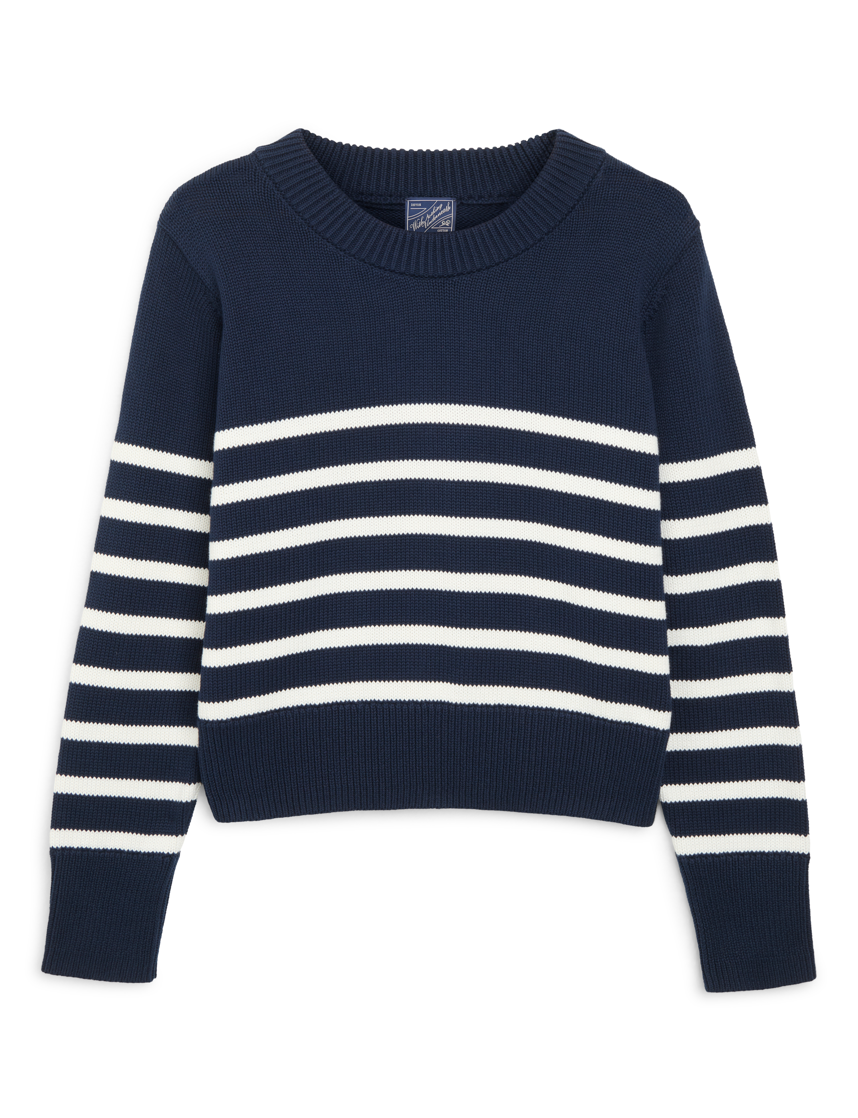 Devon Jumper: Cotton, Navy Blue and Off-White Stripe