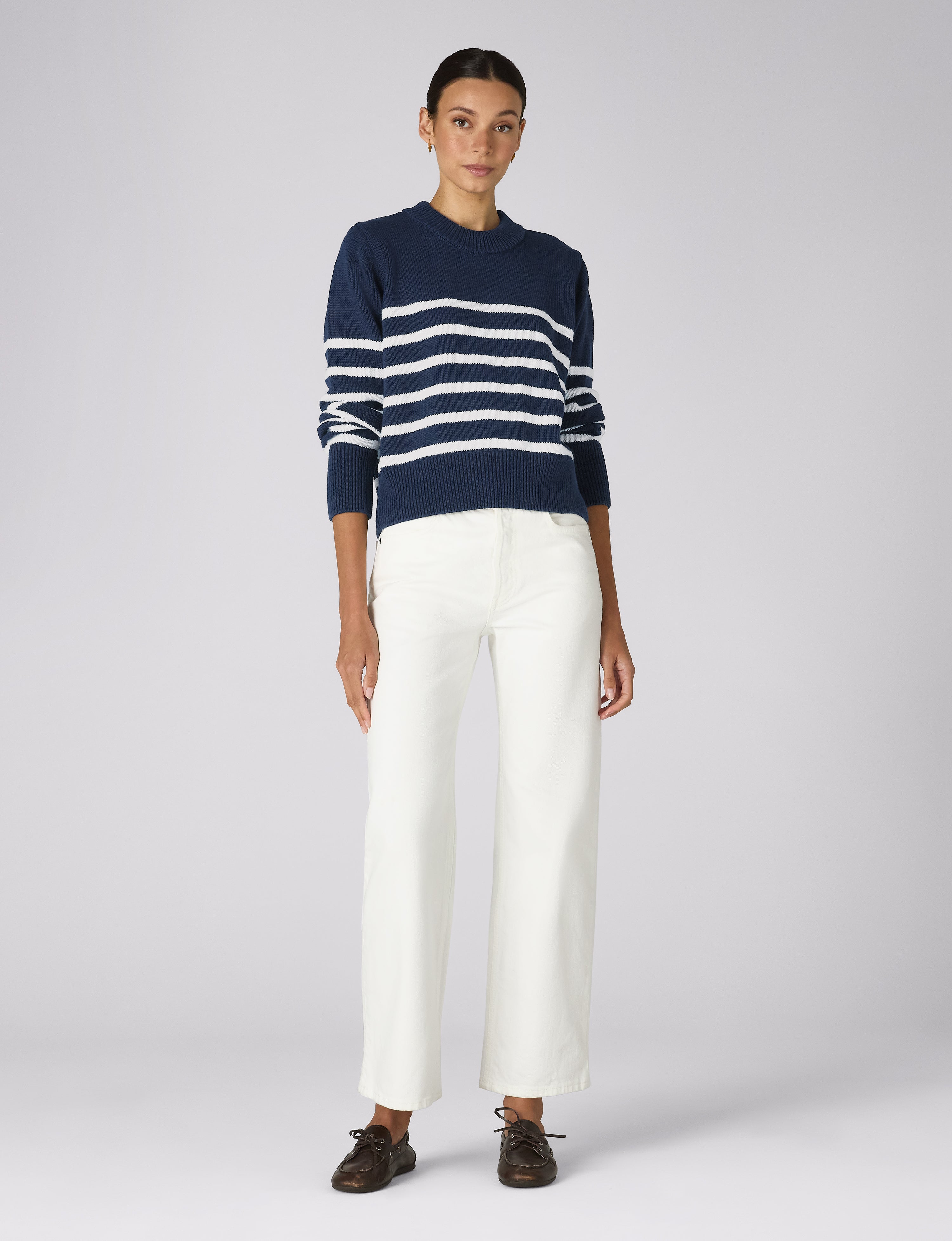 Devon Jumper: Cotton, Navy Blue and Off-White Stripe