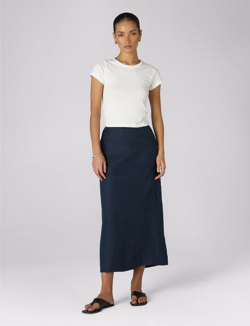 Clara Skirt: Linen, Navy Blue