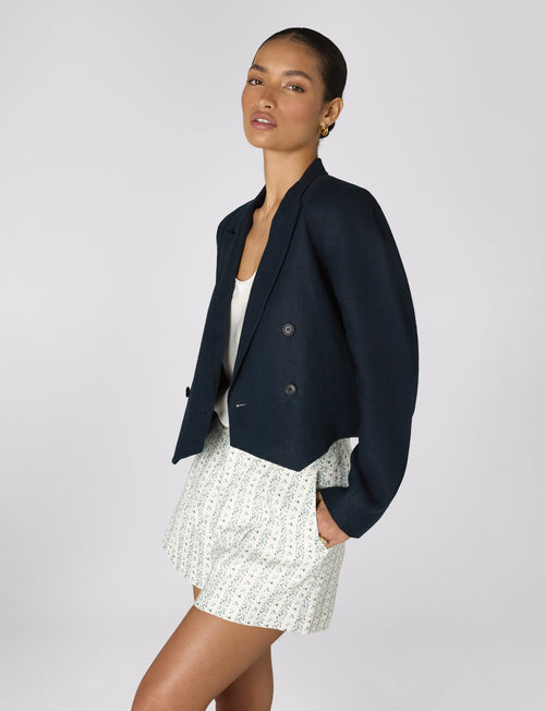 Belgravia Cropped Blazer: Linen, Navy Blue