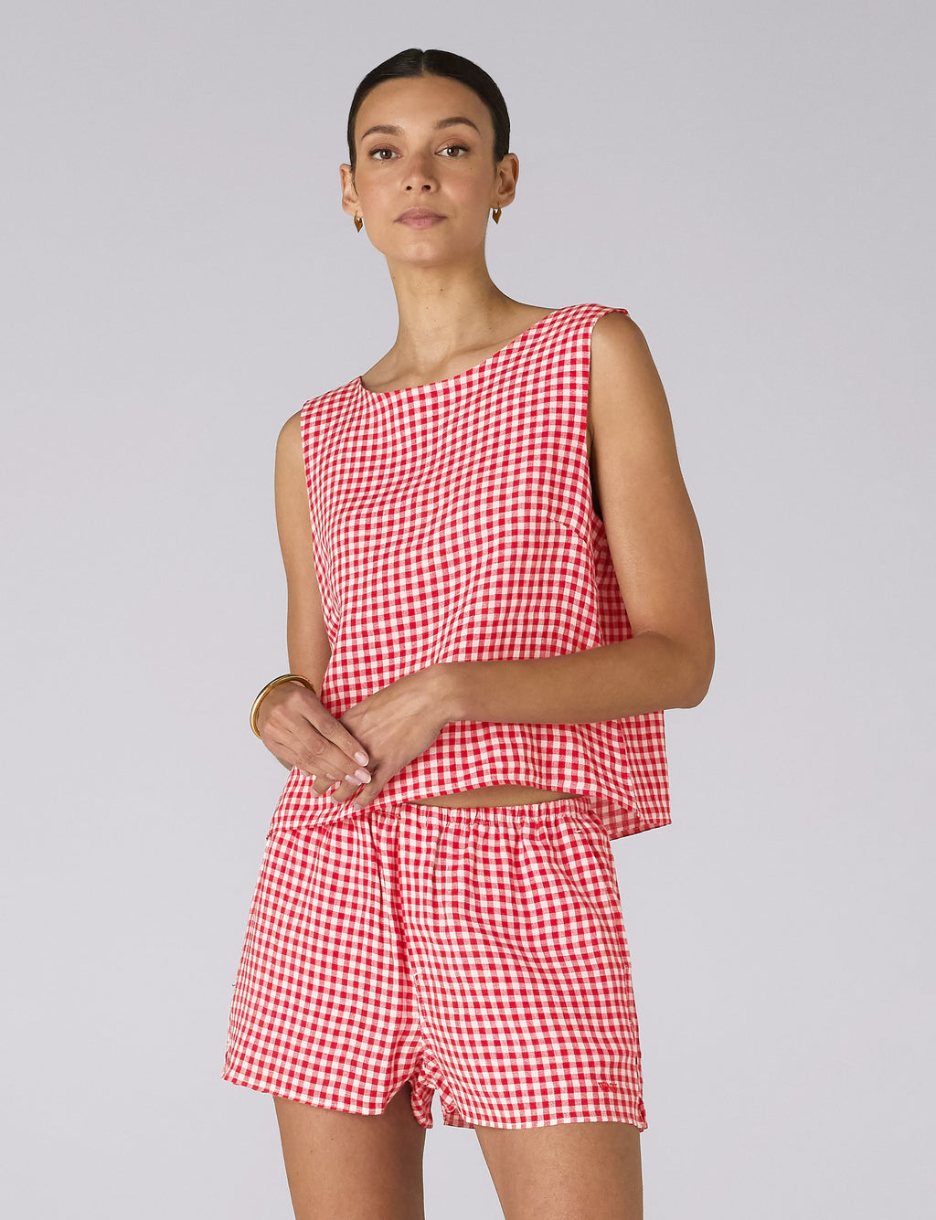Jackie Top: Linen, Post Box Red Gingham